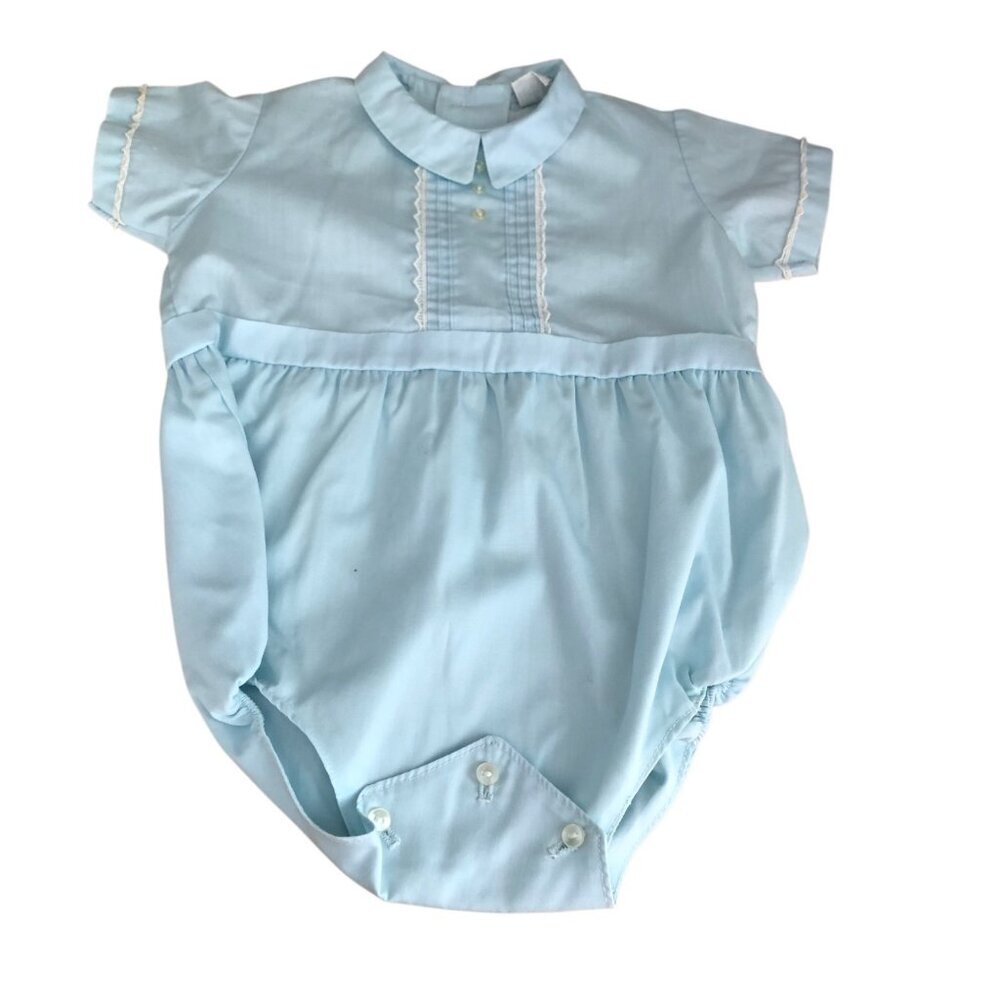 Vintage 60s Fawn Togs Bubble Romper Boys 6 - 12M Blue White Peter Pan Collar NEW